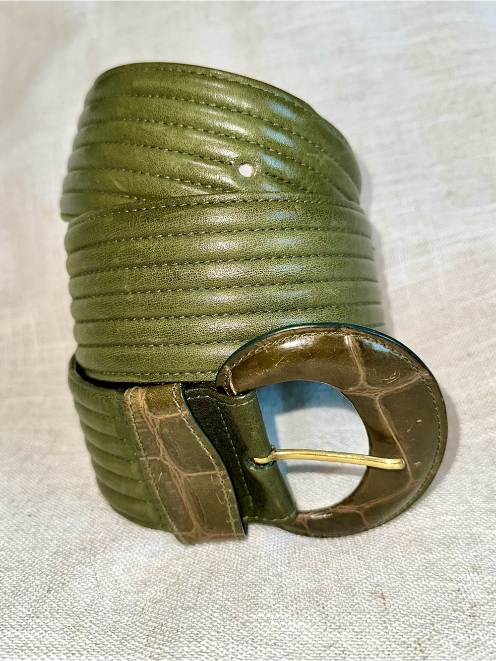 Vintage 90s Italian Green Leather Wide Statement Waist Belt Medium